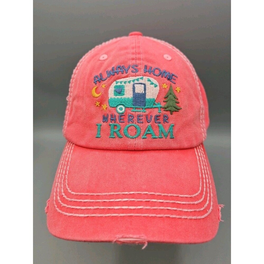 Distressed Baseball Home is Wherever I Roam Cap Trailer Dad Hat Pink Camping
